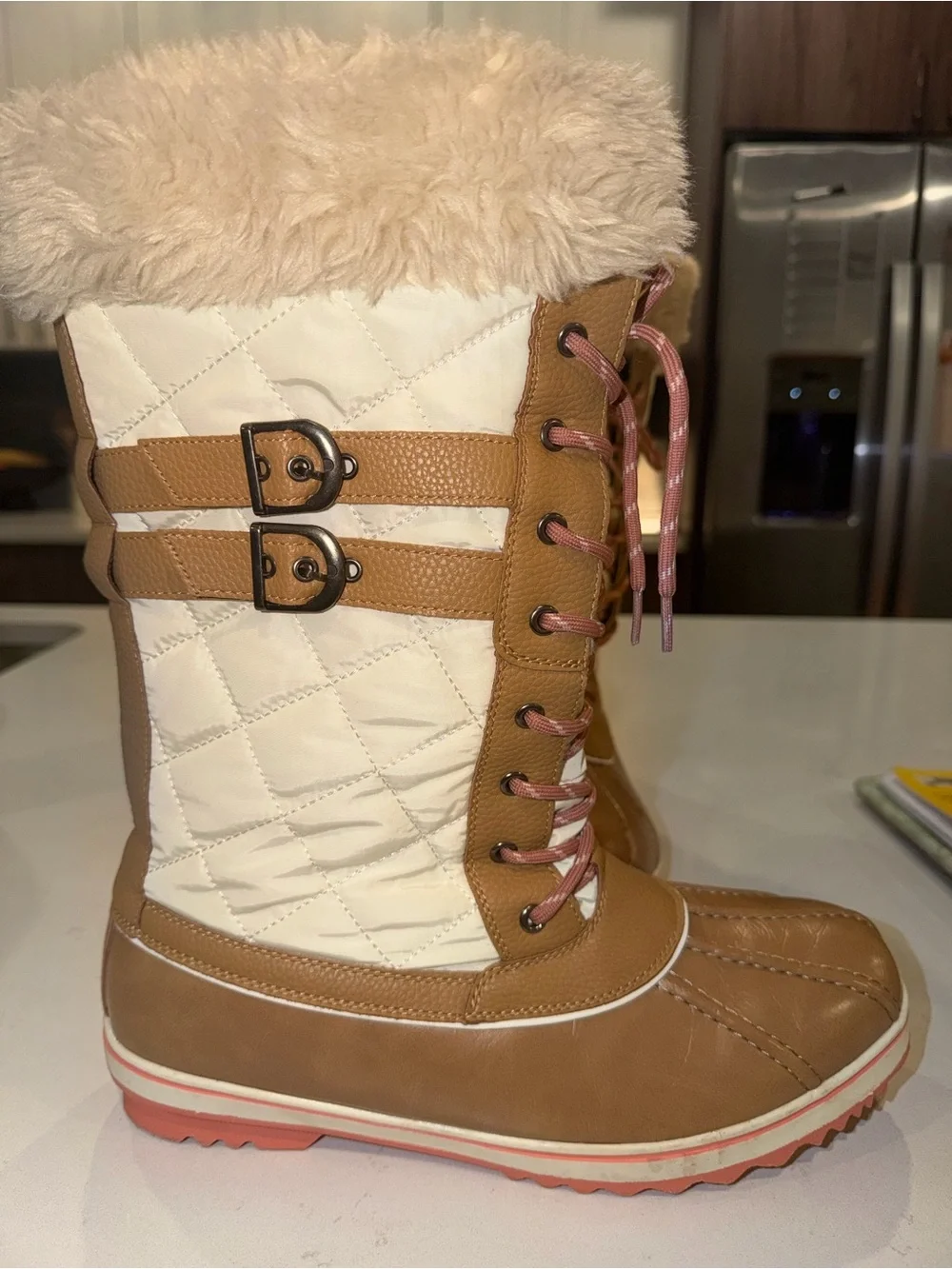 Faux Fur Lace-Up Winter Boots in Tan and Cream